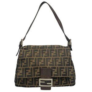 Auth FENDI Mamma bucket / Zucchino pattern - Dark Brown Beige Jacquard Leather